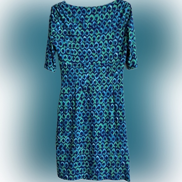 RALPH LAUREN Jersey Blue Green Print Dress Cocktail Batik Moc Wrap Empire, Sz 10 - Picture 2 of 9